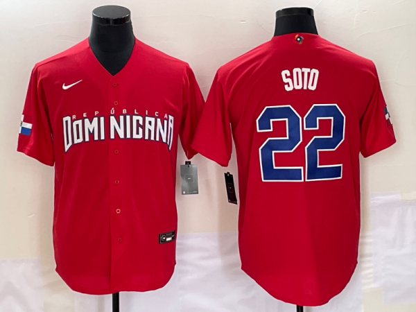 Men Dominican Republic Baseball #22 Juan Soto 2023 Red World Baseball Classic Stitched Jersey