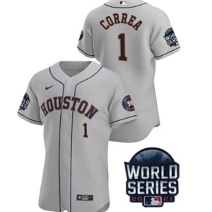 Men Houston Astros #1 Carlos Correa 2021 Gray World Series Flex Base Stitched Baseball Jersey