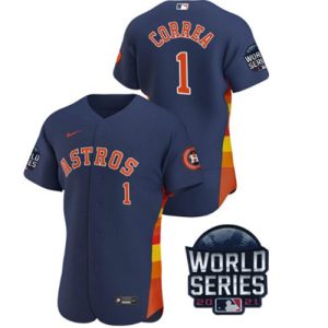 Men Houston Astros #1 Carlos Correa 2021 Navy World Series Flex Base Stitched Baseball Jersey