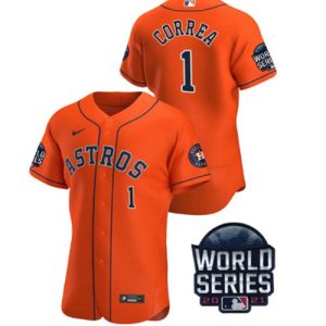 Men Houston Astros #1 Carlos Correa 2021 Orange World Series Flex Base Stitched Baseball Jersey