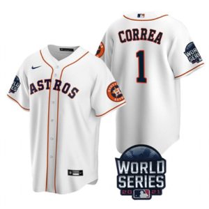 Men Houston Astros #1 Carlos Correa 2021 White World Series Cool Base Stitched Baseball Jersey