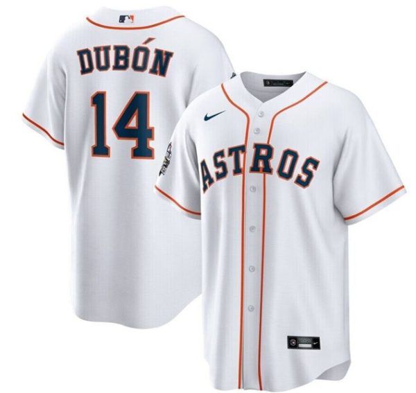 Men Houston Astros #14 Mauricio Dubón White 2022 World Series Patch Cool Base Stitched Baseball Jersey