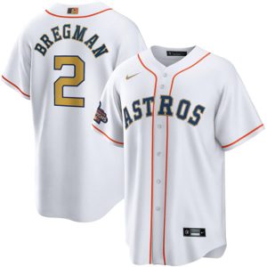 Men Houston Astros #2 Alex Bregman White 2023 Gold Collection With World Serise Champions Patch Cool Base Stitched Baseball Jersey