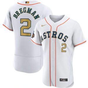 Men Houston Astros #2 Alex Bregman White 2023 Gold Collection With World Serise Champions Patch Stitched Baseball Jersey