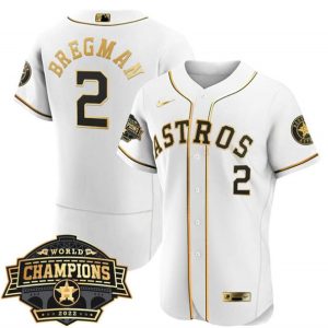 Men Houston Astros #2 Alex Bregman White/Gold 2022 World Series Champions Flex Base Stitched Baseball Jersey