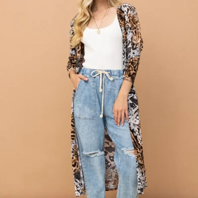 Leopard Kimono Open Front Longline Cardigan - Leopard