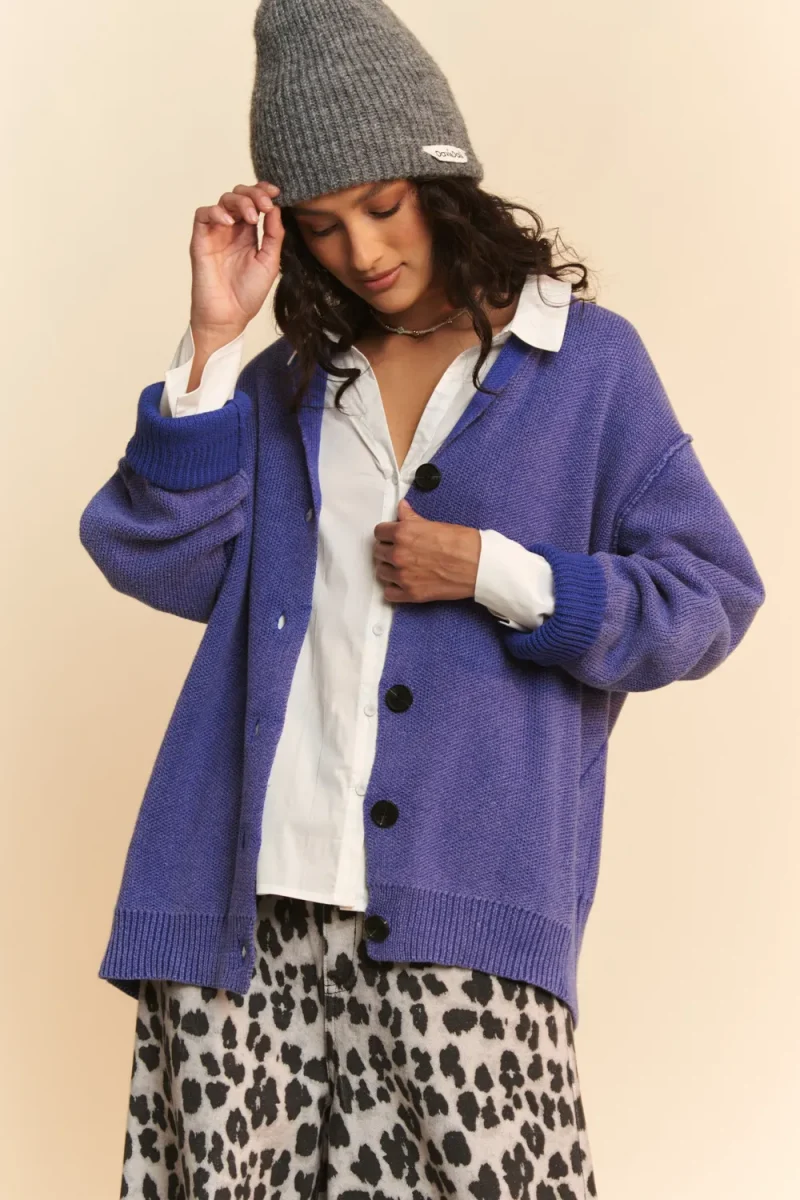 Shawl Collar Ribbed Detail Button Up Cardigan - Azure