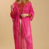 Umgee Full Size Floral Lace Open Front Long Kimono with Waist Tie Plus Size - Hot Pink