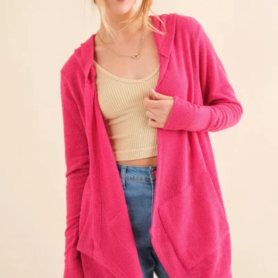 Full Size Thermal Hooded Open Front Cardigan with Pockets - Fuchsia