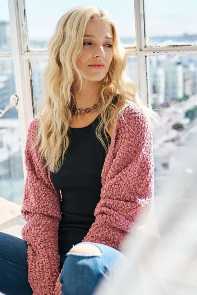 Popcorn Knit Open Front Long Sleeve Cardigan - Mauve