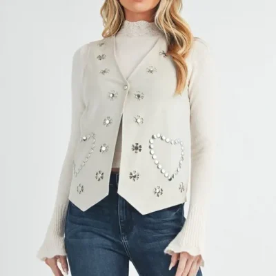 Heart Rivet Detail Suede Vest Coat - White
