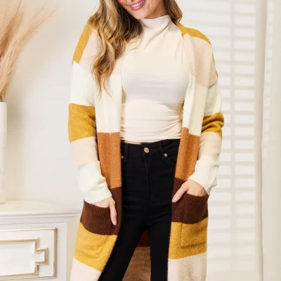 Color Block Dropped Shoulder Cardigan - Brown/Tan Stripe