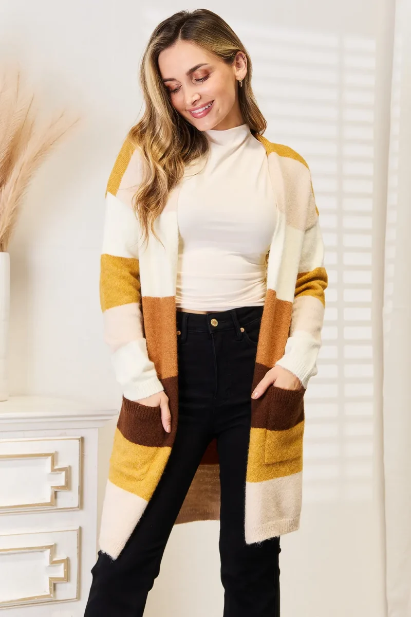 Color Block Dropped Shoulder Cardigan - Brown/Tan Stripe