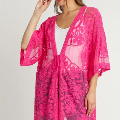 Umgee Full Size Floral Lace Open Front Kimono Sleevee Cover Up with Waist Tie Plus Size - Hot Pink