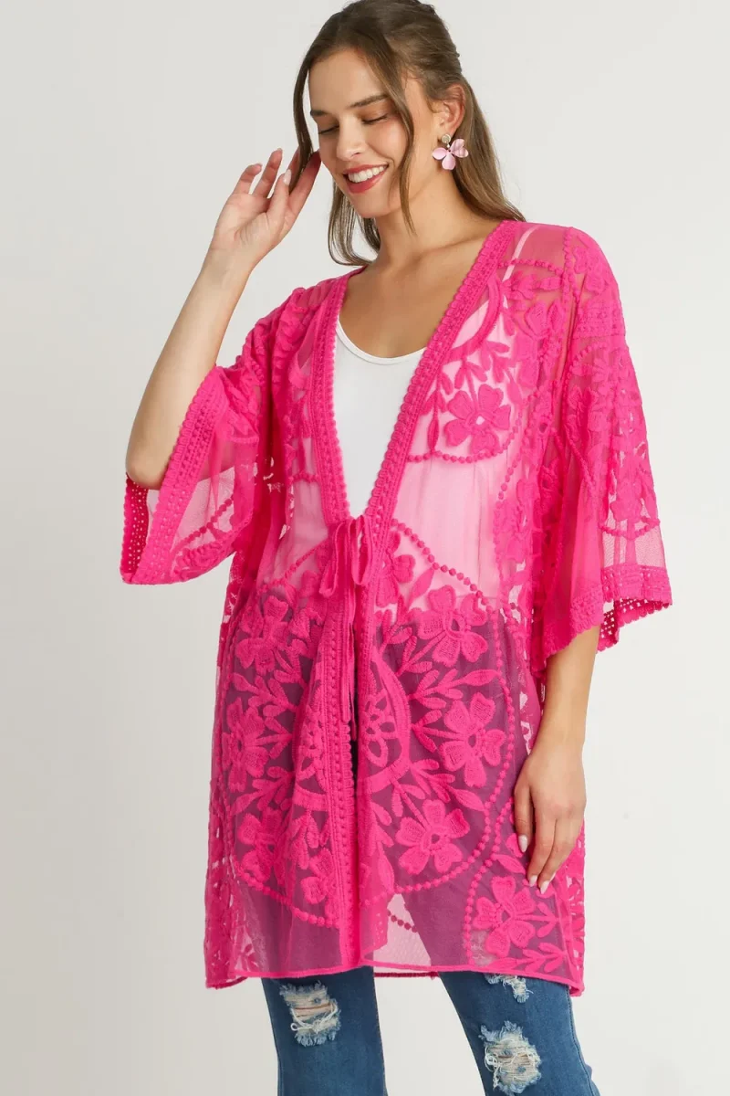 Umgee Full Size Floral Lace Open Front Kimono Sleevee Cover Up with Waist Tie Plus Size - Hot Pink