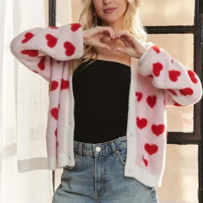 Fuzzy Heart Button Down Cardigan - Ivory/Red