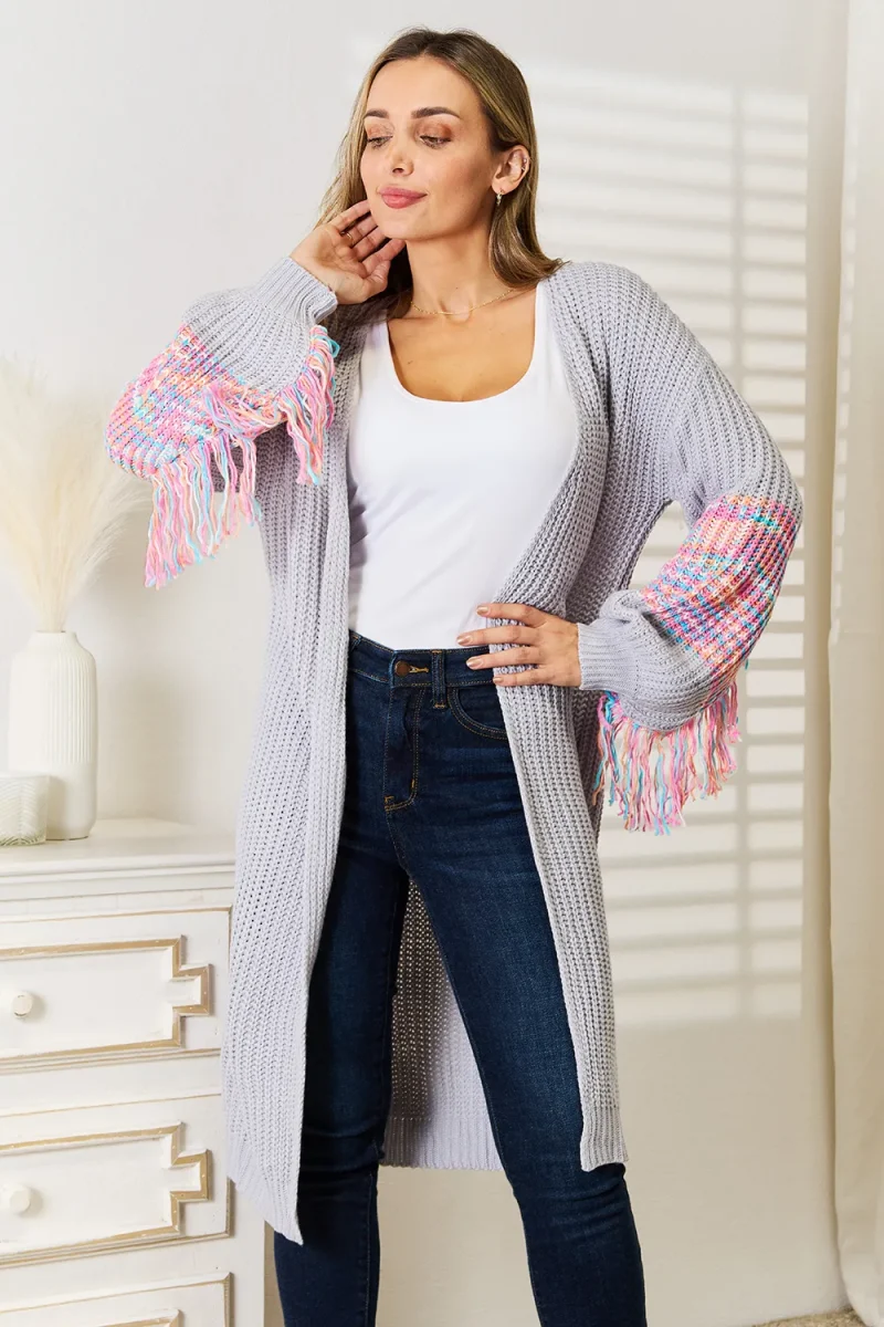 Fringe Sleeve Dropped Shoulder Cardigan - Cloudy Blue