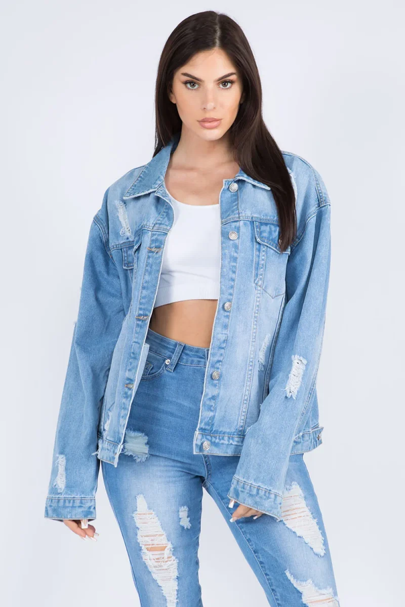 Full Size Painted Back Distressed Denim Jacket - Blue