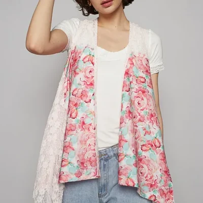 Lace Patchwork Floral Open Front Sleeveless Cardigan - Pink