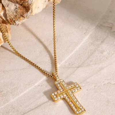 18K Gold-Plated Inlaid Zircon Cross Necklace - Gold