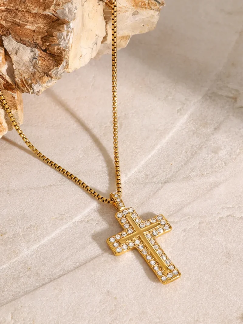 18K Gold-Plated Inlaid Zircon Cross Necklace - Gold