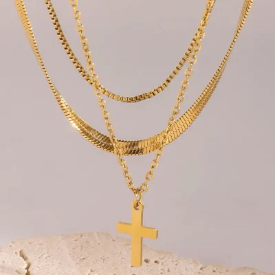 18K Gold-Plated Three-Layered Cross Necklace - Gold