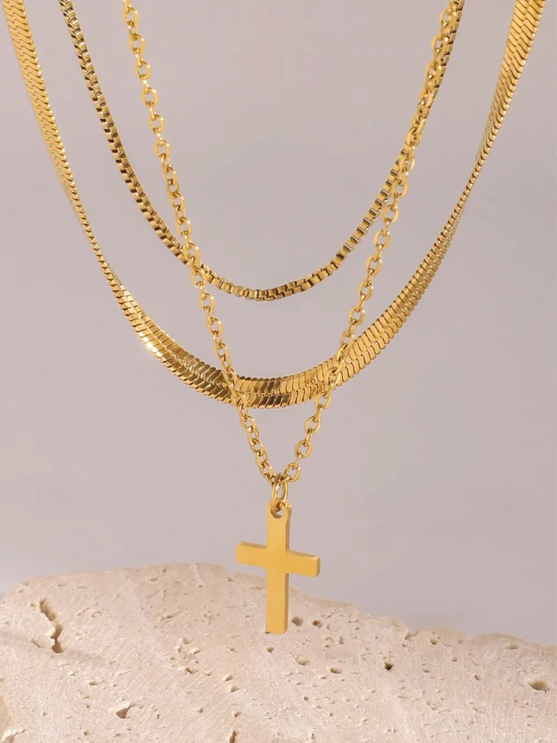 18K Gold-Plated Three-Layered Cross Necklace - Gold