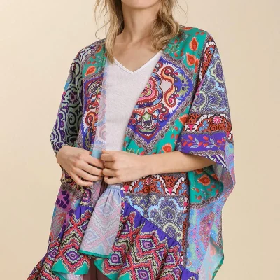 Umgee Full Size Mixed Print Ruffle Hem Open Front Cover Up Plus Size - Turquoise