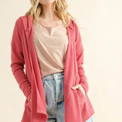 Full Size Thermal Hooded Open Front Cardigan with Pockets - Rose Pink
