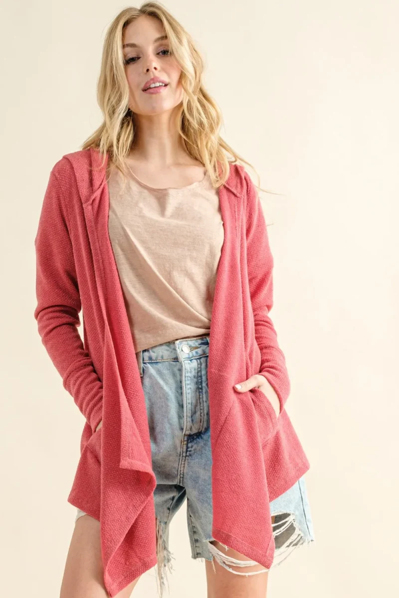 Full Size Thermal Hooded Open Front Cardigan with Pockets - Rose Pink