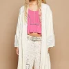 Flower Lace Trim Open Front Longline Cardigan - Cream
