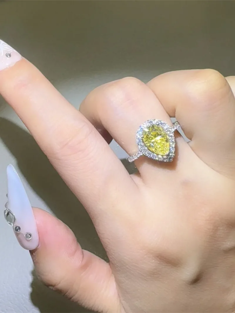 2 Carat Moissanite 925 Sterling Silver Teardrop Shape Ring - Yellow