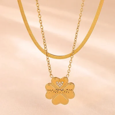 2 Piece 18K Gold-Plated Inlaid Zircon Lucky Clover Necklace - Gold