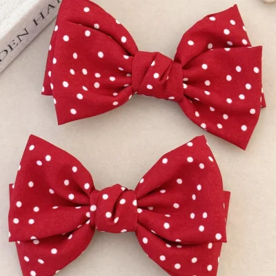 2-Piece Polka Dot Bow Hair Clip - Deep Red