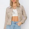 Full Size Raw Hem Button Up Cropped Denim Jacket Plus Size - Khaki