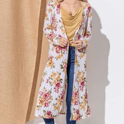 Floral Kimono Open Front Longline Cardigan - Burgundy Stripe