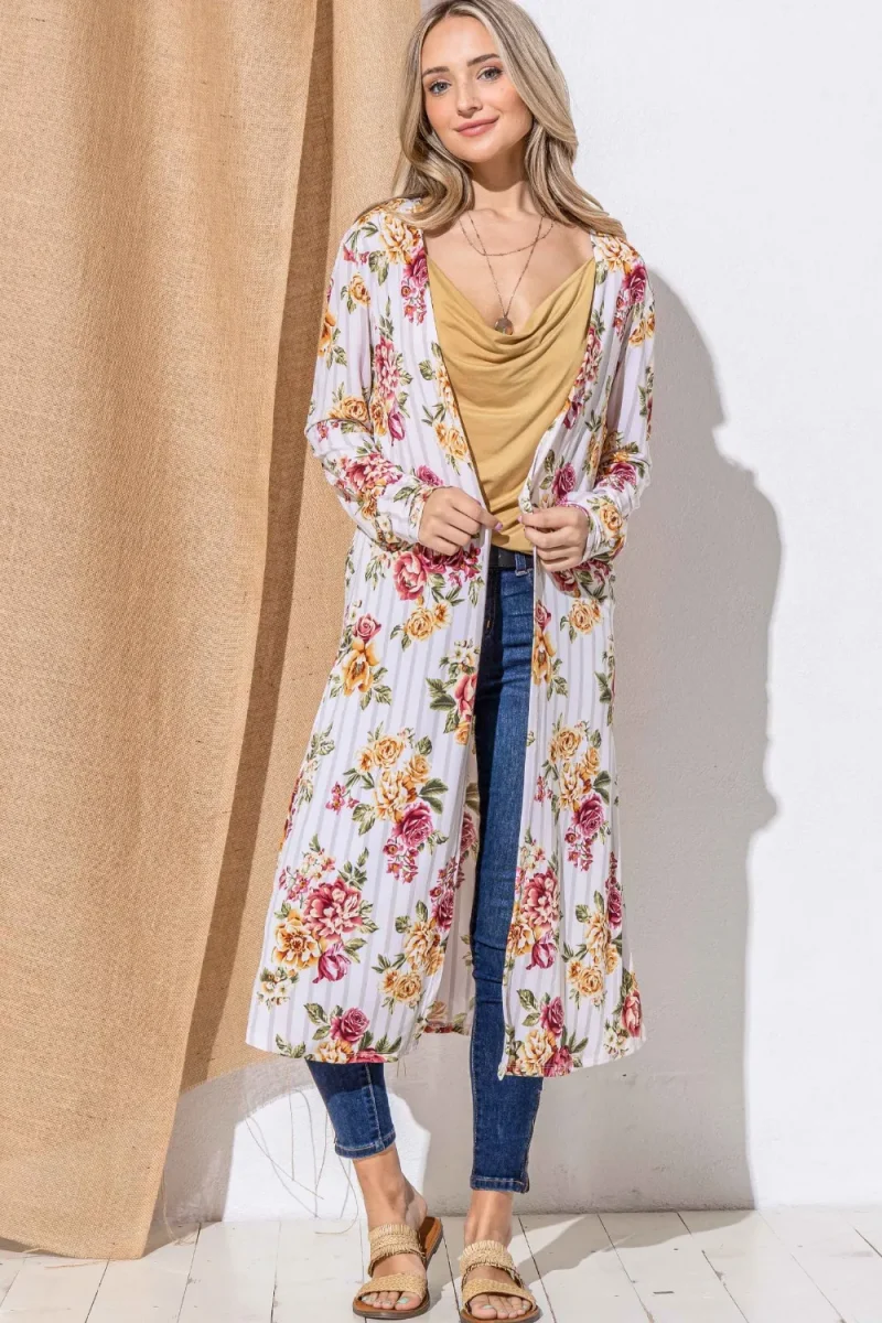 Floral Kimono Open Front Longline Cardigan - Burgundy Stripe