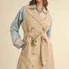 Layered Look Trench Coat With Denim Jacket - Taupe