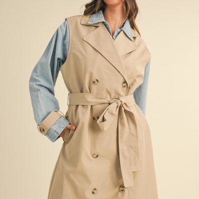 Layered Look Trench Coat With Denim Jacket - Taupe