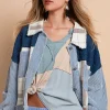 Corduroy Jacquard Patchwork Button Up Jacket - Light Blue
