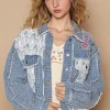 Crochet Patch Embroidered Button Up Jacket - Dusty Blue
