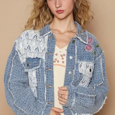 Crochet Patch Embroidered Button Up Jacket - Dusty Blue