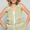 Ruffled Open Front Sleeveless Cardigan - Sage Multicolor