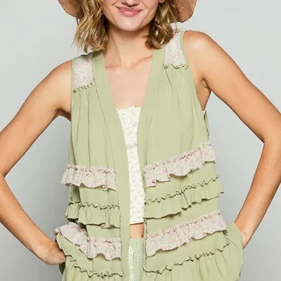 Ruffled Open Front Sleeveless Cardigan - Sage Multicolor