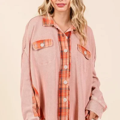 Mineral Washed Plaid Button Down Shacket - Rust