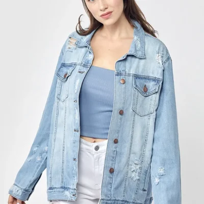 Full Size Distressed Long Sleeve Denim Jacket Plus Size - Light