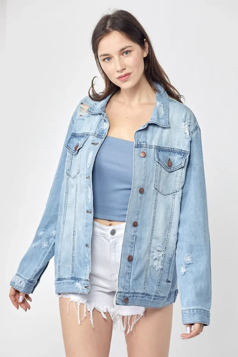 Full Size Distressed Long Sleeve Denim Jacket Plus Size - Light