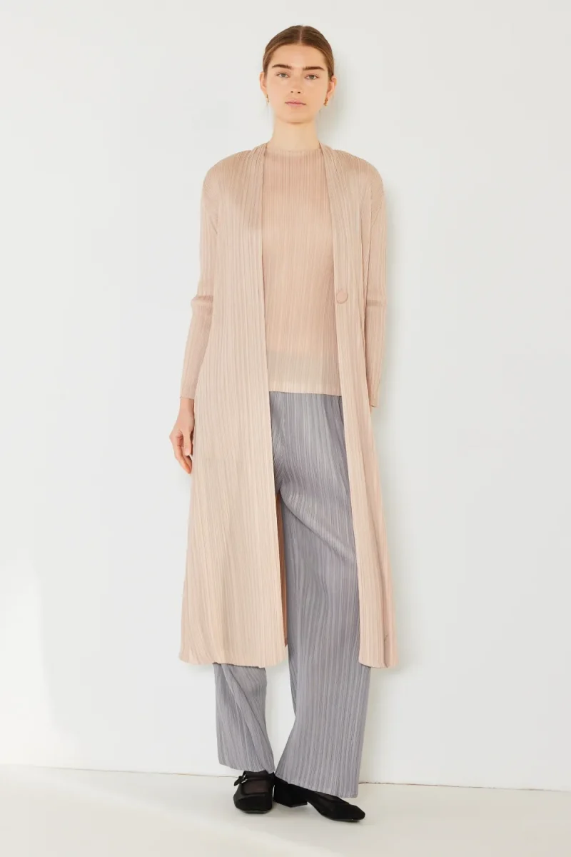 Pleated Long Sleeve Cardigan - Beige
