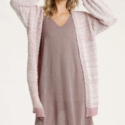 Umgee Full Size Ribbed Hem Open Front Longline Cardigan Plus Size - Blush Pink