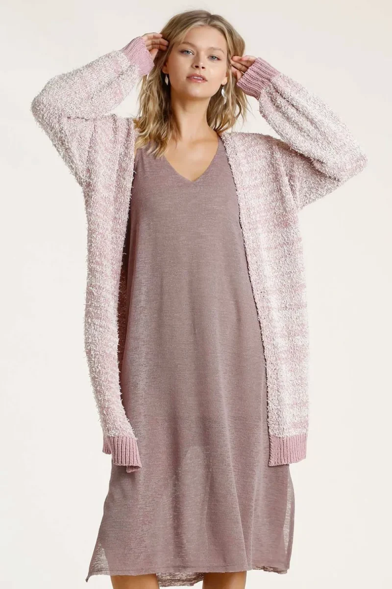 Umgee Full Size Ribbed Hem Open Front Longline Cardigan Plus Size - Blush Pink
